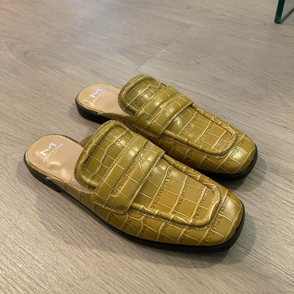Marc Fisher Mustard Croc-Embossed Leather Mules